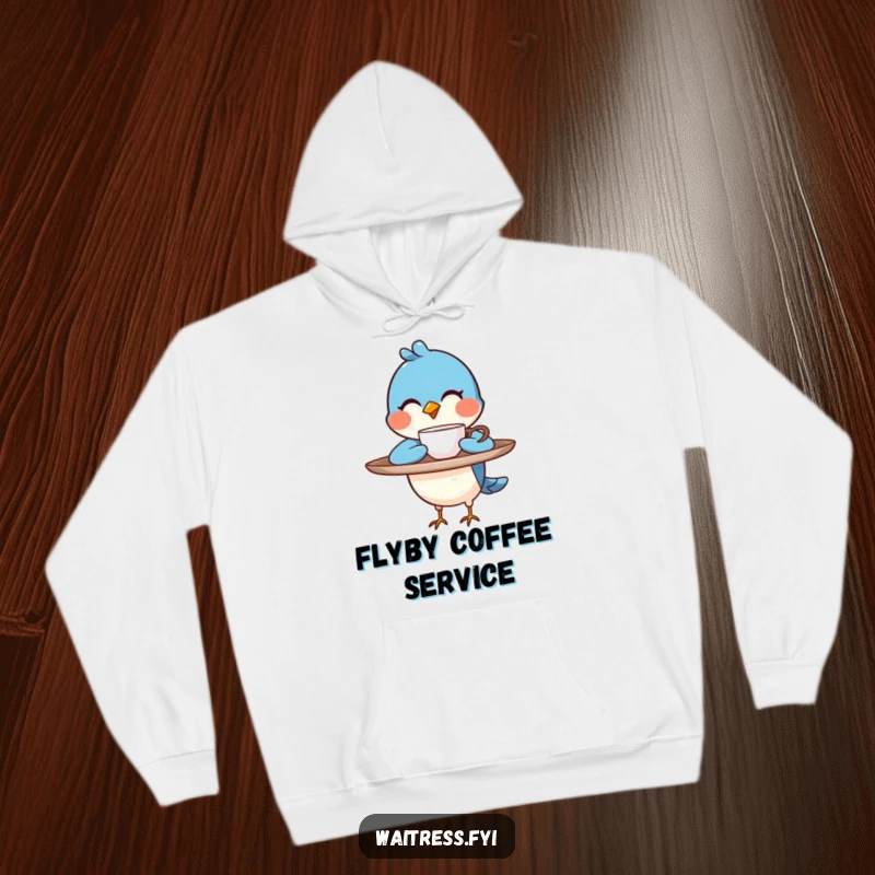 Funny blue bird character balancing a tray, winking as it presents a steaming cup on a hoodie, a hilarious coffee gift.