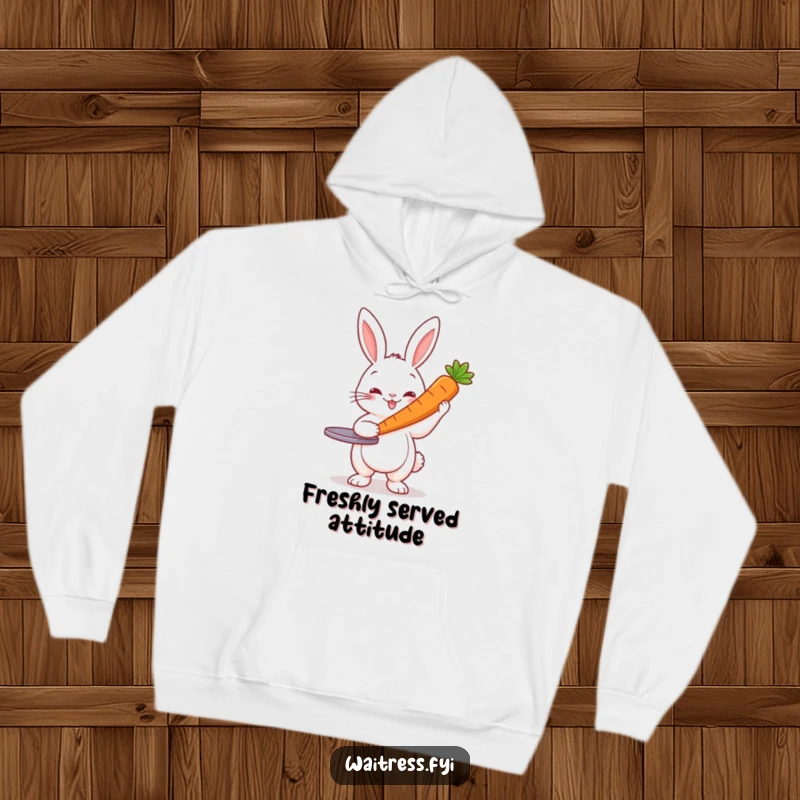 Funny Rabbit Server Hoodie: Cheerful rabbit server presenting a carrot, soft and humorous hooded sweatshirt.