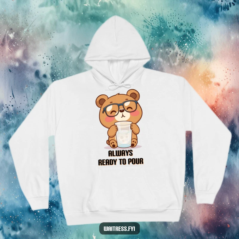 Funny, cheerful brown bear with glasses diligently refills a water glass, perfect for cozy, humorous moments.