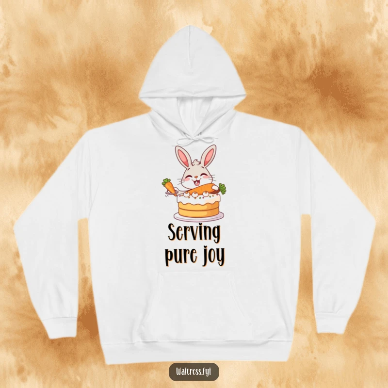 Funny Bunny Baker Hoodie featuring a giggling bunny, ready to serve a wonderfully large carrot cake with theatrical flair.
