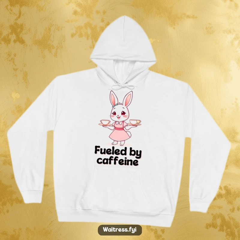 Funny Bunny Waitress Hoodie depicting a cute bunny in uniform with teacups, ideal for cafe lovers and as a cozy, funny gift.