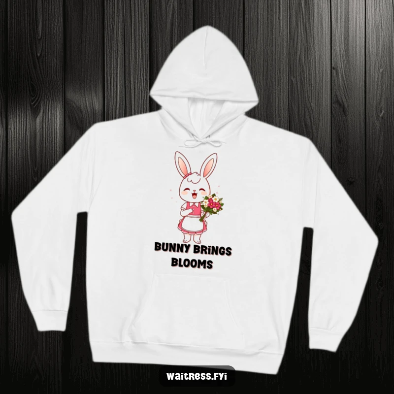 Funny Bunny Waitress Hoodie: A cheerful bunny waitress presents a flower bouquet with a curtsey, offering warmth and a dose of adorable service.