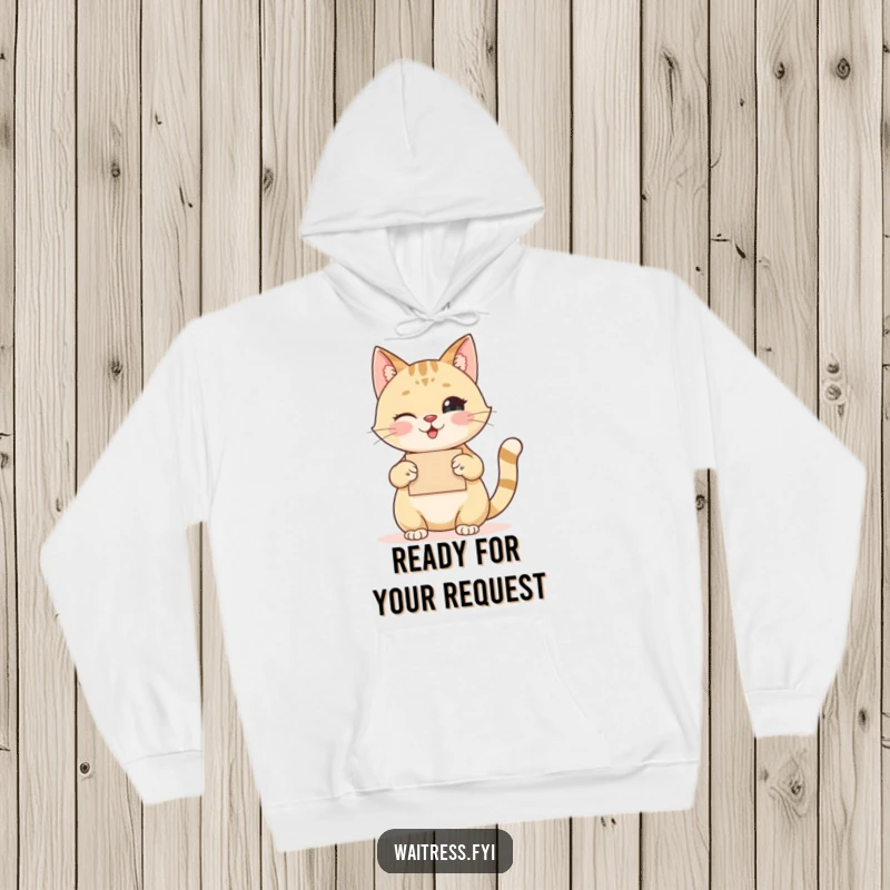 Funny cat hoodie showcasing a happy cat taking an order with a polite nod and twinkling eye, cozy and humorous.