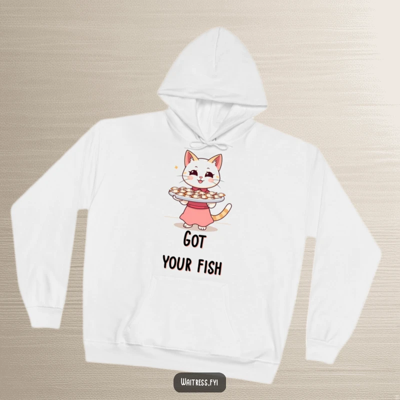 Funny Cat Waitress Hoodie: A happy cat waitress balances a tray brimming with tiny fish, offering warmth and a humorous feline theme.