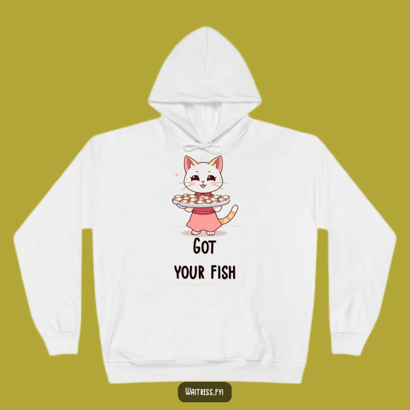 Funny Cat Waitress Hoodie: Fish Tray Comfort - Hilarious Cozy Gift for Cat Lovers