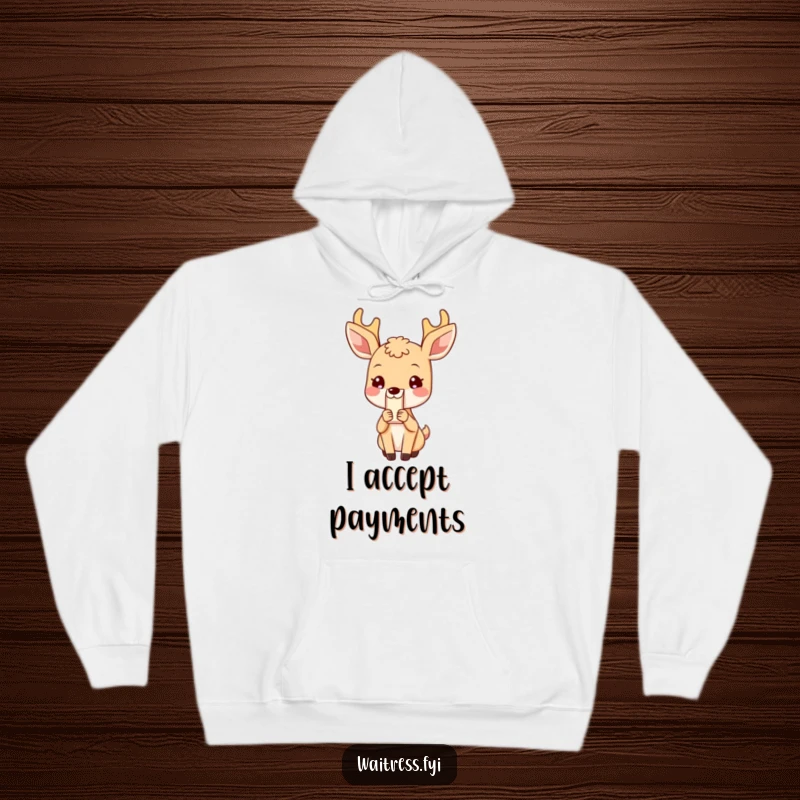 Funny Deer Hoodie: Blushing deer character presenting a bill, representing politeness and gentle service, an ideal funny gift.