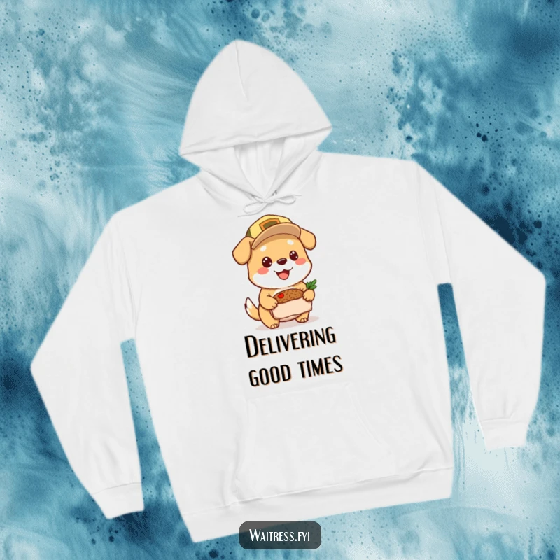 Funny Dog Hoodie: Cheerful dog wearing a delivery cap, bringing smiles with a meal, ideal funny gift.