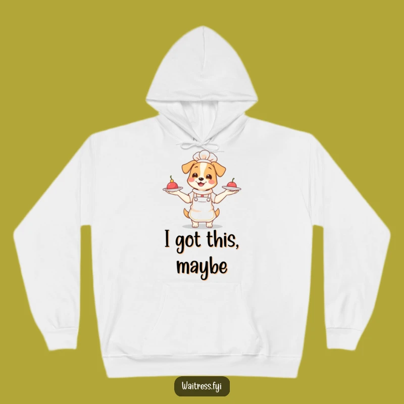 Funny Dog Waitress Hoodie: Cozy Pup Juggling Food, Hilarious Gift for Dog Enthusiasts