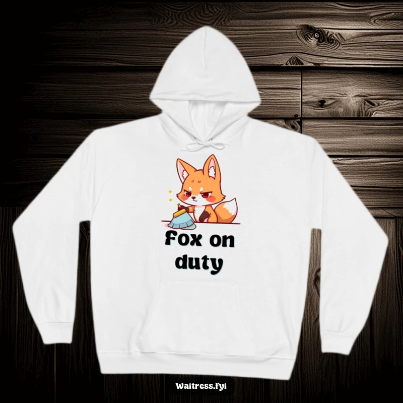 Funny playful fox character determinedly wiping a table on a cozy hoodie, ideal for homebodies and cleaners.