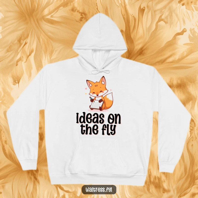Funny fox hoodie showcasing a playful fox scribbling orders on a notepad, a warm and humorous piece.
