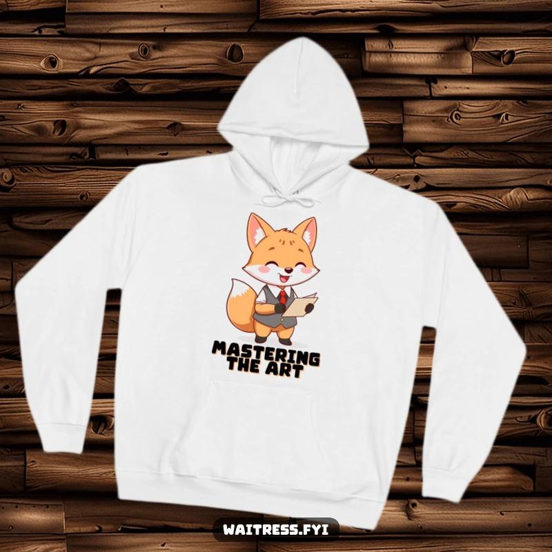 Funny fox waiter hoodie showing a cheerful fox with a notepad, ready to take your order with a smile.