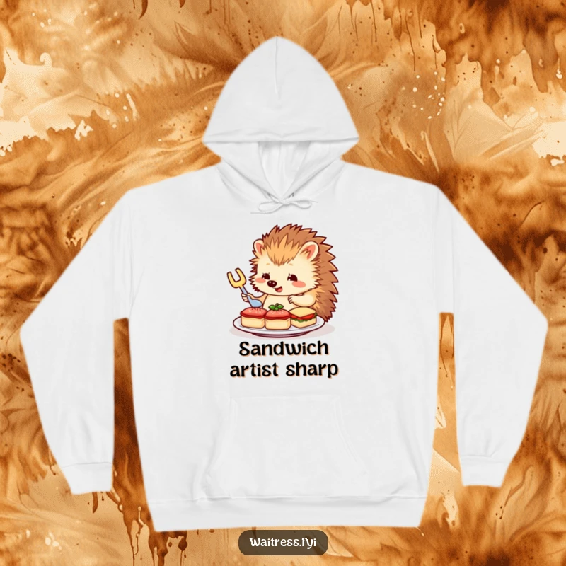 Funny Hedgehog Server Hoodie: A charming hedgehog carefully arranges miniature sandwiches, offering cozy comfort and refined humor.