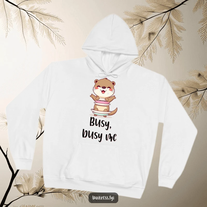 Funny cheerful otter character balancing a stack of imaginary plates on a hoodie, ideal for cozy days and humorous vibes.