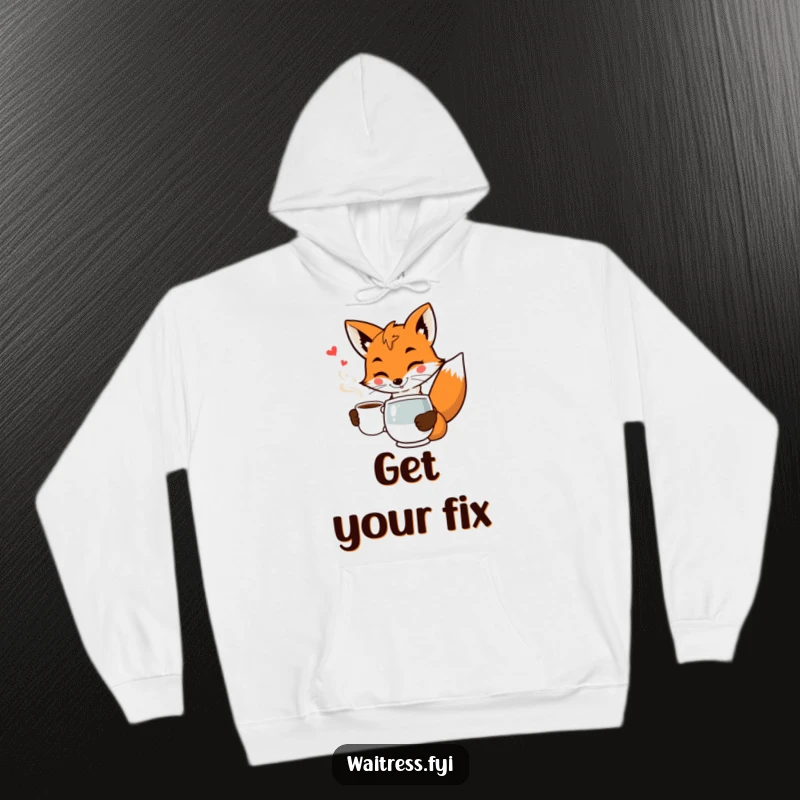 Funny fox waiter hoodie featuring a smiling fox in uniform serving coffee with a flourish and a wink.