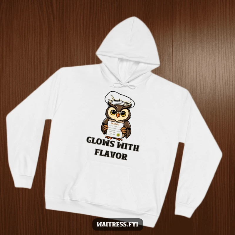 Funny Owl Chef Hoodie designed with a charming owl donning a chef hat, presenting a glowing menu, perfect for casual, humorous wear.