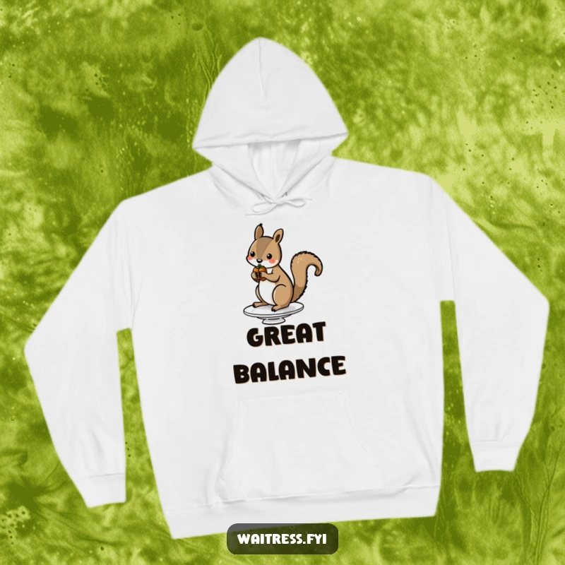 Funny Squirrel Nut Hoodie showing a cute squirrel with a stack of nuts on a dish, perfect for cozy, humorous wear.
