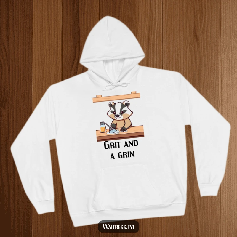 Funny hoodie featuring a serious badger meticulously wiping down a table with a determined, wide grin, radiating focus.