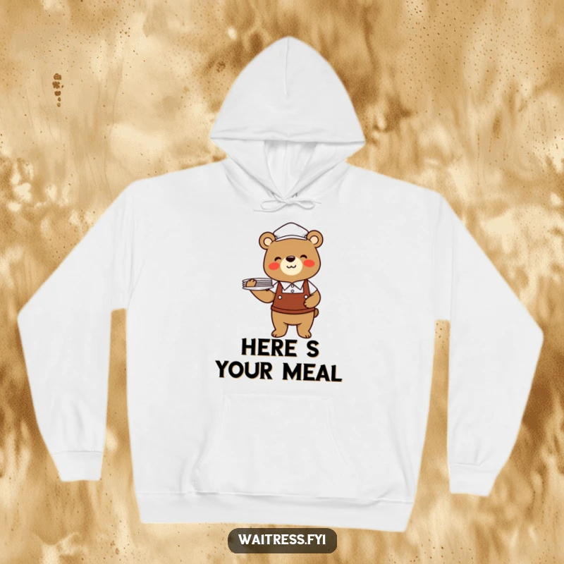 Funny bear waiter hoodie featuring a cheerful bear in a uniform balancing many plates, perfect for cozying up.