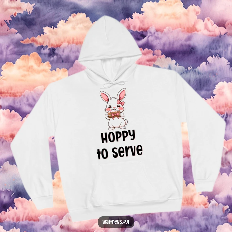 Funny bunny cake hoodie featuring a playful bunny presenting a slice of cake with a ribbon bow.