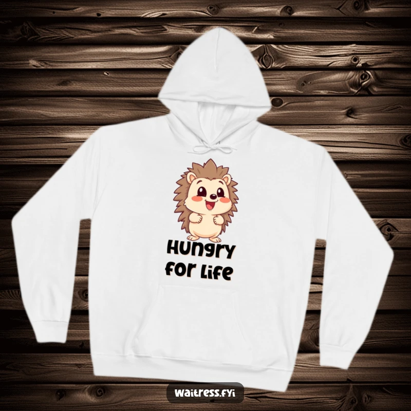 Funny happy hedgehog character holding a large menu, looking eager, on a cozy hoodie, perfect for foodies.