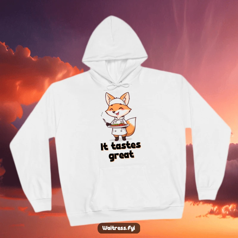 Funny Fox Chef Hoodie with a smiling fox chef presenting a meal, ideal for chefs and as a cozy, funny gift.