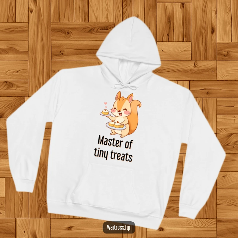 Funny Kawaii Squirrel Hoodie: A cuddly hoodie showcasing a cute squirrel enthusiastically presenting a selection of miniature pastries.