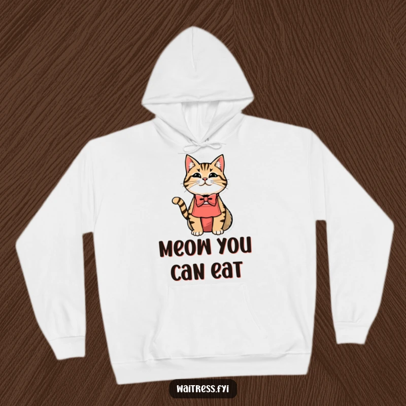 Funny cat waiter hoodie showing a cat wearing a bowtie and apron, looking distinguished.