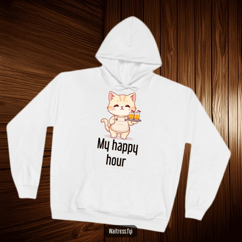 Funny kawaii cat hoodie showing a cute cat in an apron balancing drinks, offering warmth and a humorous funny gift.
