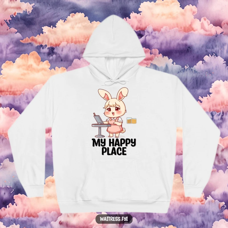 Funny bunny waitress hoodie showing a chubby bunny happily taking an order, offering warmth and a humorous funny gift.