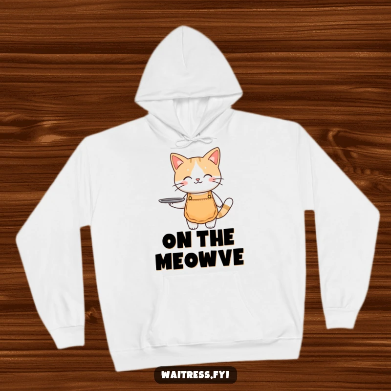 Funny cat waiter hoodie featuring a cute cat in a miniature apron, holding a tray, perfect for cozy laughs.