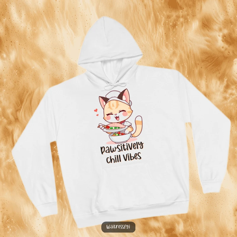 Funny cat waitress hoodie, winking playfully while presenting a fish dish, offering warmth and humorous style.
