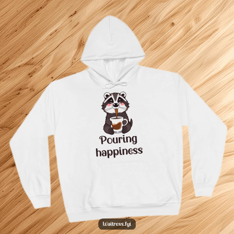Funny badger coffee hoodie showing a cheerful cartoon badger holding a coffee pot, pouring steaming coffee into a mug with a contented look.