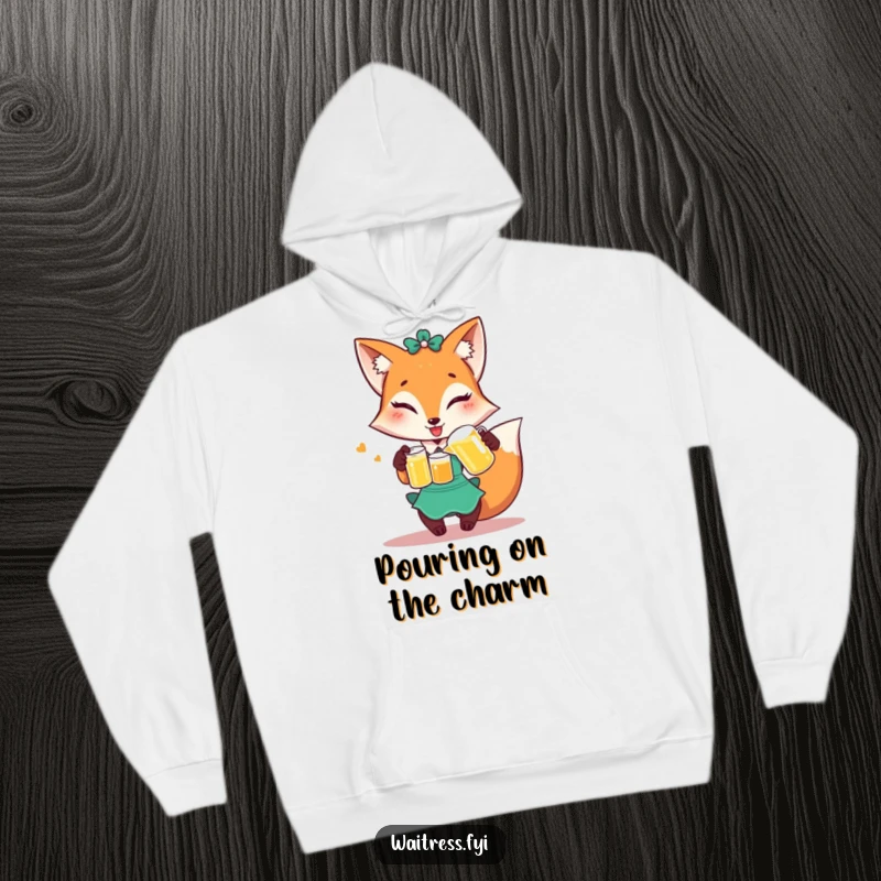 Funny Fox Waitress Hoodie: Winking fox pouring juice, soft and humorous hooded sweatshirt.