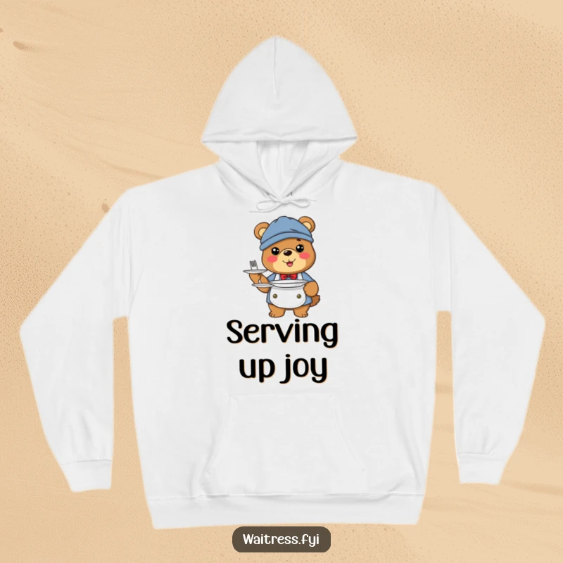 Funny bear server hoodie showing a happy bear dressed as a server holding plates.