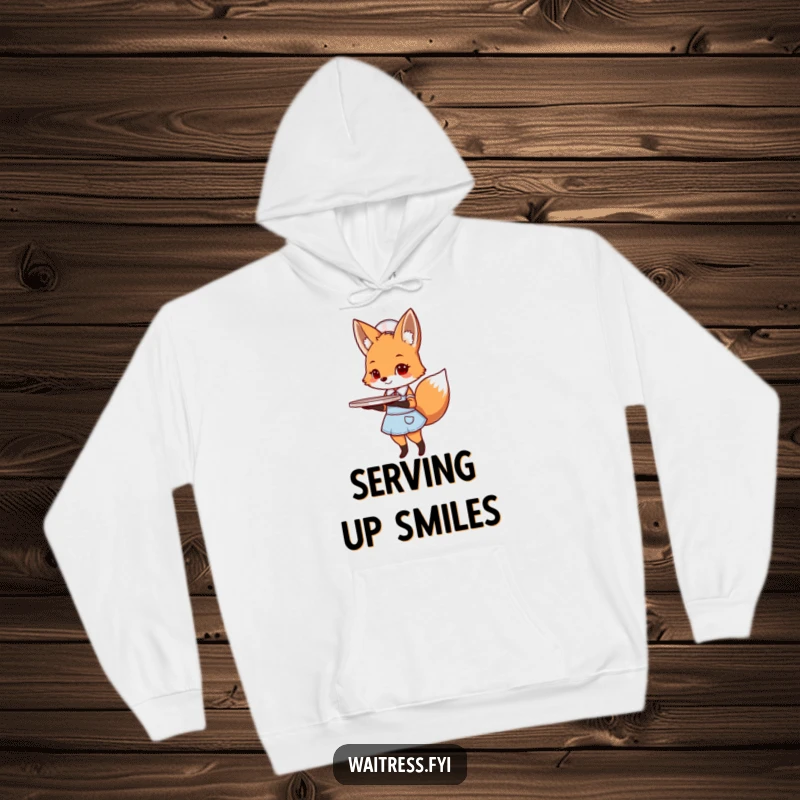 Funny fox diner waiter hoodie showing a cute fox in uniform, holding a tray with a smile.