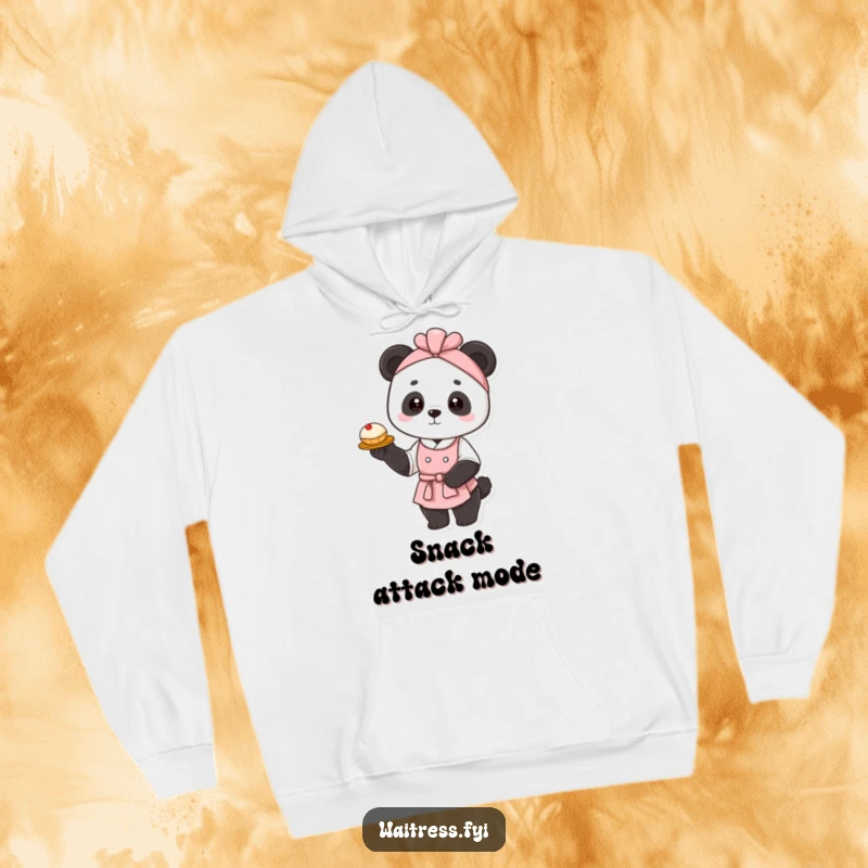 Funny panda waitress hoodie featuring a graceful panda elegantly presenting a delicate pastry, offering warmth and a touch of sophisticated humor.