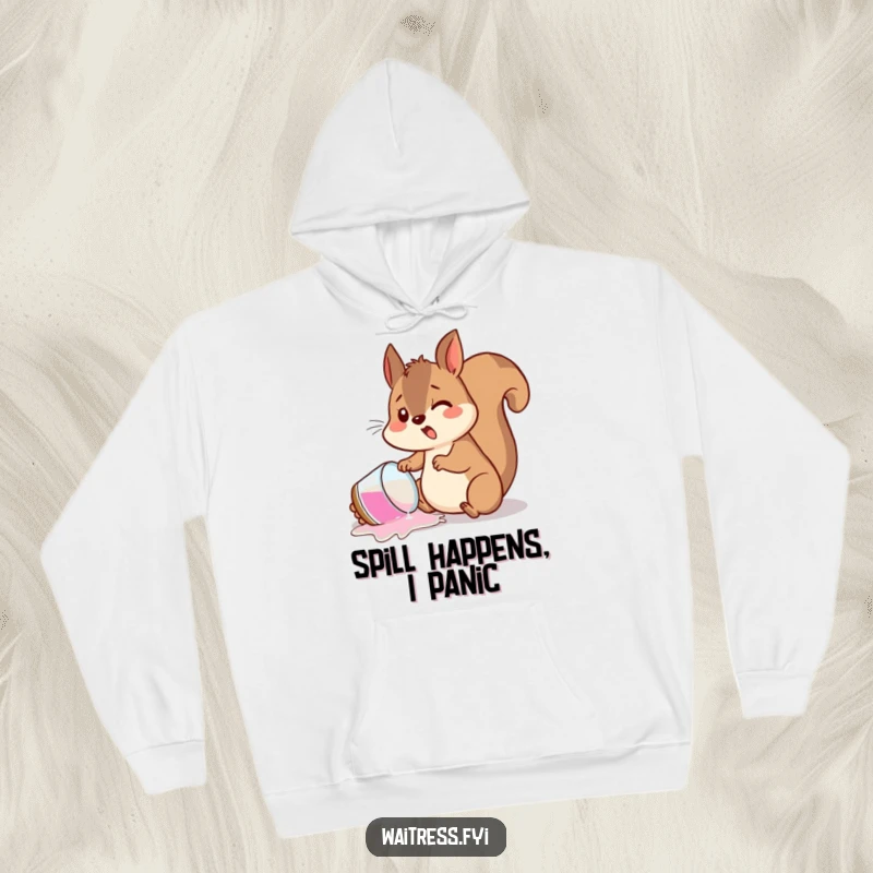 Funny hoodie featuring a startled squirrel mid-spill, offering warmth and a humorous take on everyday accidents.