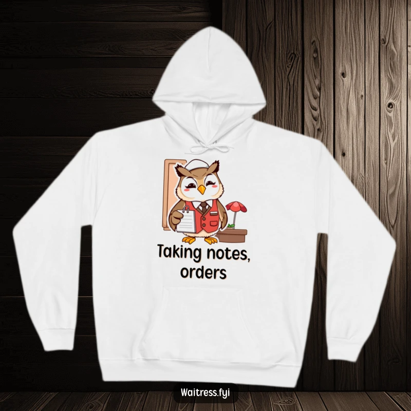 Funny owl server hoodie showing a smiling owl in a restaurant vest with a notepad.