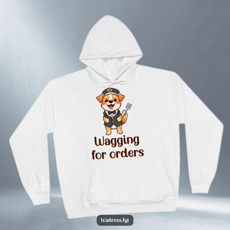 Funny dog waiter hoodie featuring a happy dog in a waiter uniform, with its tail wagging.