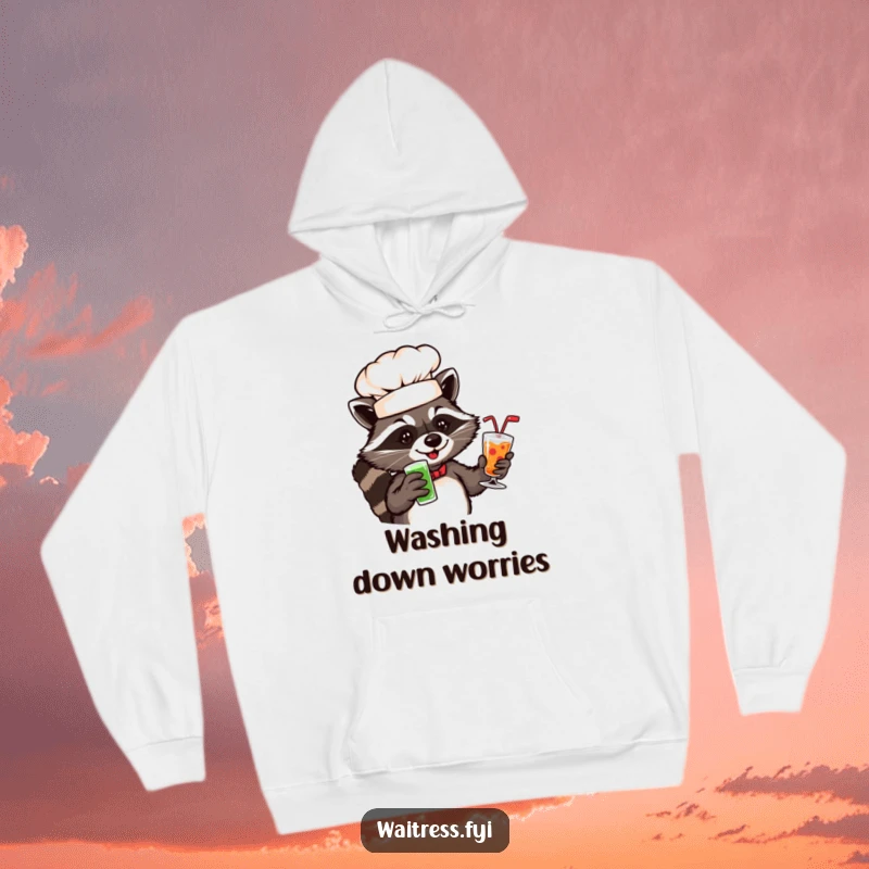 Funny raccoon chef hoodie showing a playful raccoon in a chef hat serving drinks.