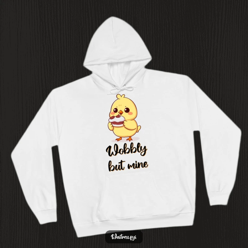 Funny determined chick character presenting a small, wobbly dessert on a cozy hoodie, ideal for bakers and dessert enthusiasts.