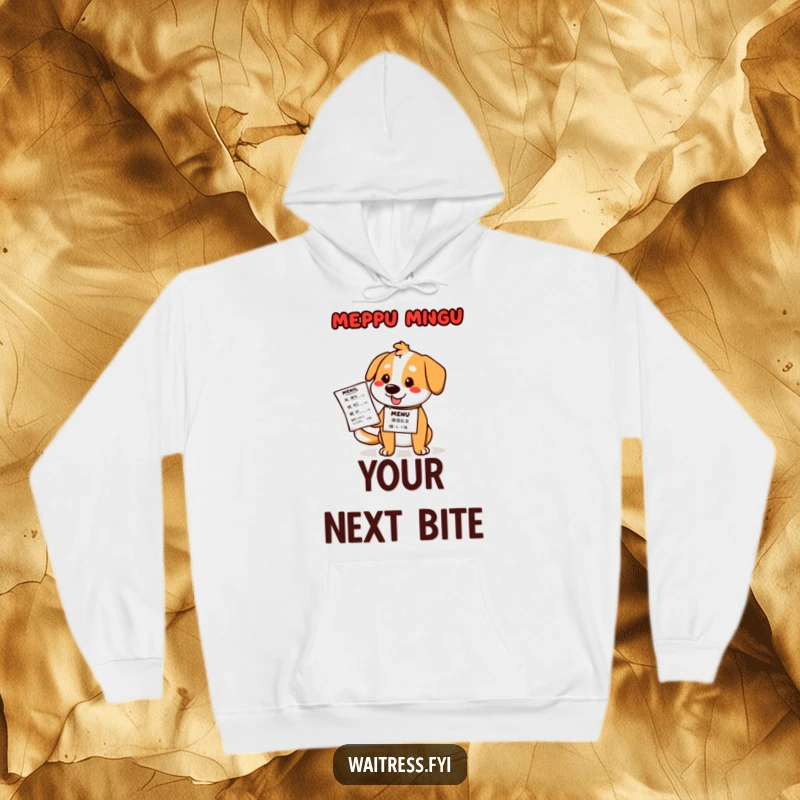 Funny dog waiter hoodie depicting a cartoon bulldog in a tuxedo, presenting a menu with a warm, inviting grin and a nametag.