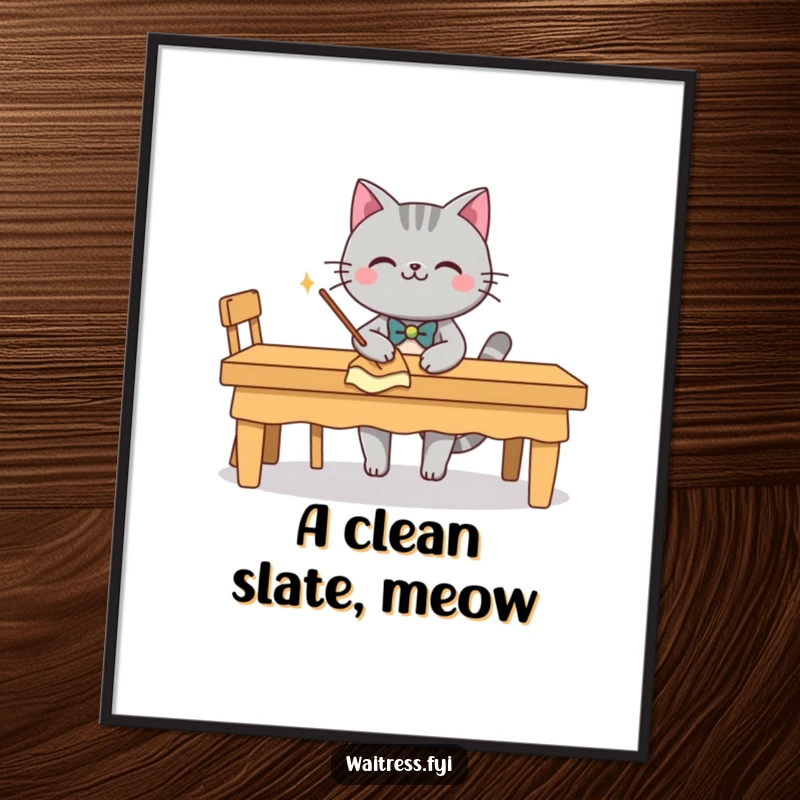Funny free printable grey cat character wearing a bow tie, neatly wiping a table, digital art.