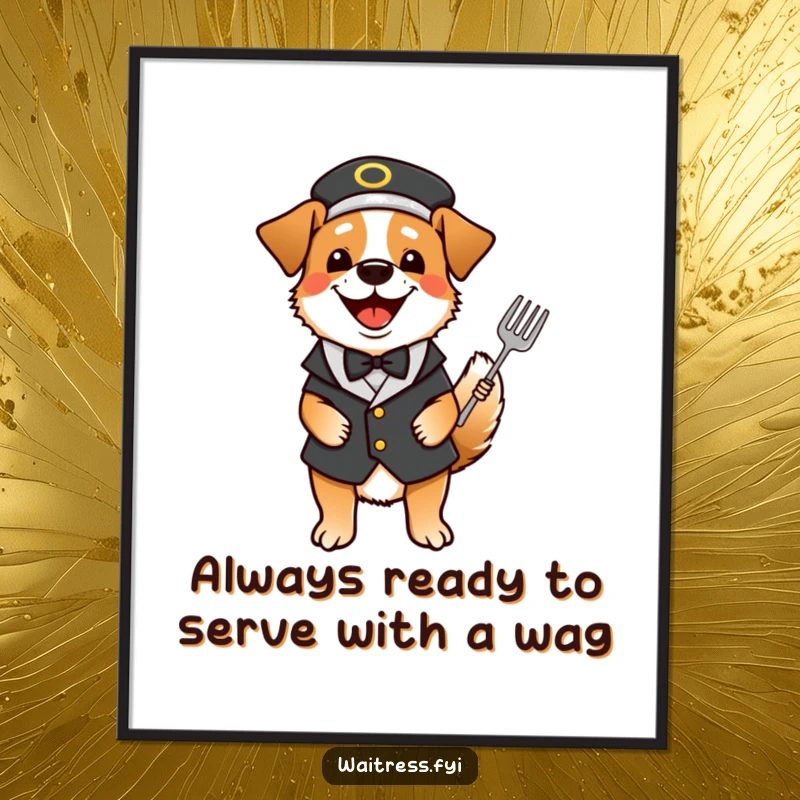 Funny Free Printable Wall Art: A happy dog in a waiter outfit wags its tail with excitement, ready to serve up smiles.
