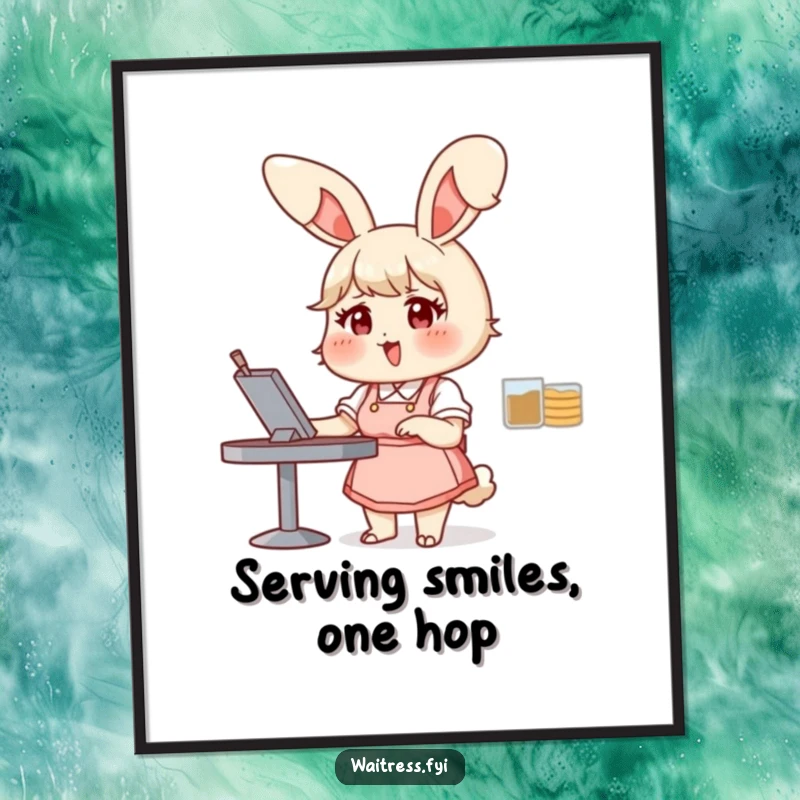 Funny Free Printable Wall Art: Chubby bunny waitress with large ears, taking an order with infectious glee and a friendly demeanor.