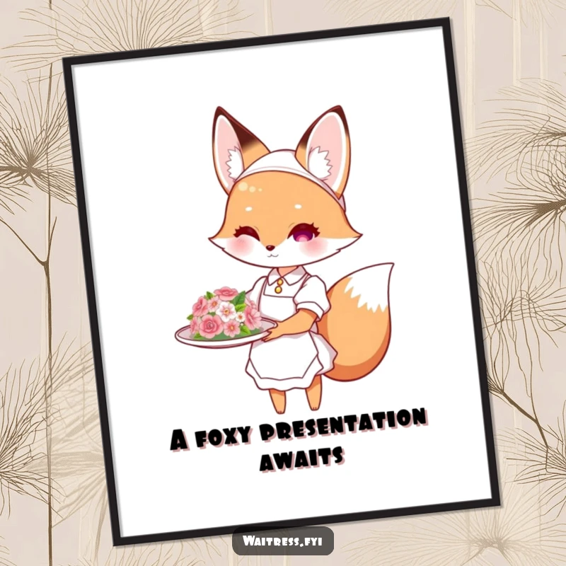 Cute Free Printable Wall Art: Fox waitress gracefully presenting a stunning flower-decorated dish with artistic flair.
