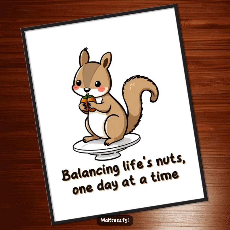 Funny Free Printable Wall Art: A squirrel masterfully balances nuts on a tiny dish, creating a humorous and eye-catching piece of decor.