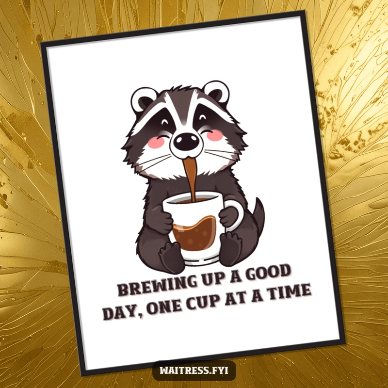 Funny Free Printable Badger Wall Art: A friendly badger carefully pours steaming coffee into a mug, creating a cozy atmosphere.