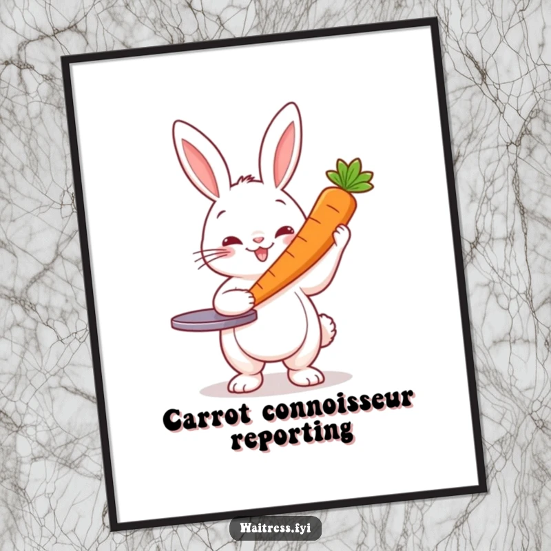 Funny Free Printable Wall Art: A cheerful rabbit server gracefully presenting a single, perfect carrot, a delightful scene.