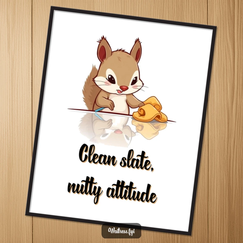 Funny Free Printable Wall Art: A determined squirrel expertly wipes down a shiny table with a cloth.